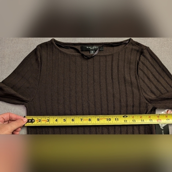 Nine West NWT $119 Women's Truffle Brown Striped Ribbed 3/4 Sleeve Dress Size M - Picture 14 of 15